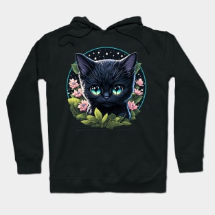 Starry Night Kitten with Big Blue Eyes and Pink Flowers Hoodie